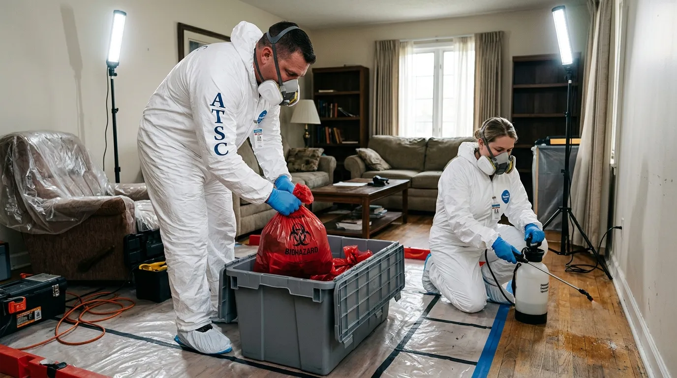 Professional Unattended Death Cleanup technician in full PPE working in Prescott